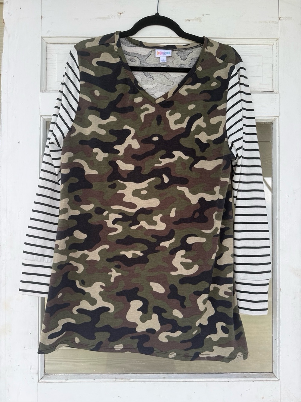 LuLaRoe Camo Tunic with Black & White Stripe Sleeves